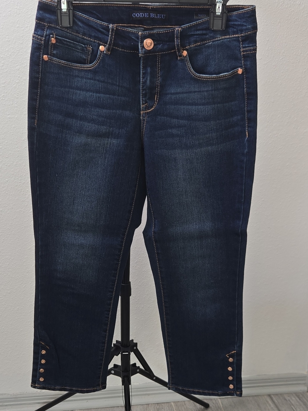 Code Bleu Dark Indigo Cropped Stretch Jeans with Copper Accents